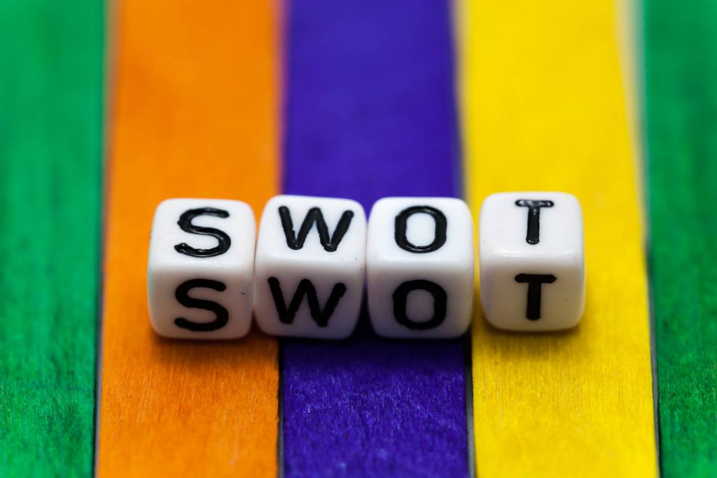 SWOT spelled out with a dice